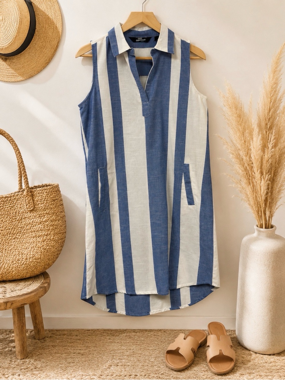 Mlle Gabrielle Blue and White Striped Coastal /boho Vibe Midi Dress SZ SM